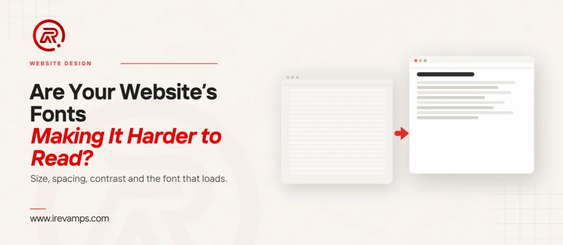 Website font readability: title card beside a flat illustration of a pale page of faint, tightly packed grey lines on the left and a crisp page with a dark heading and well-spaced text lines on the right, joined by a red arrow