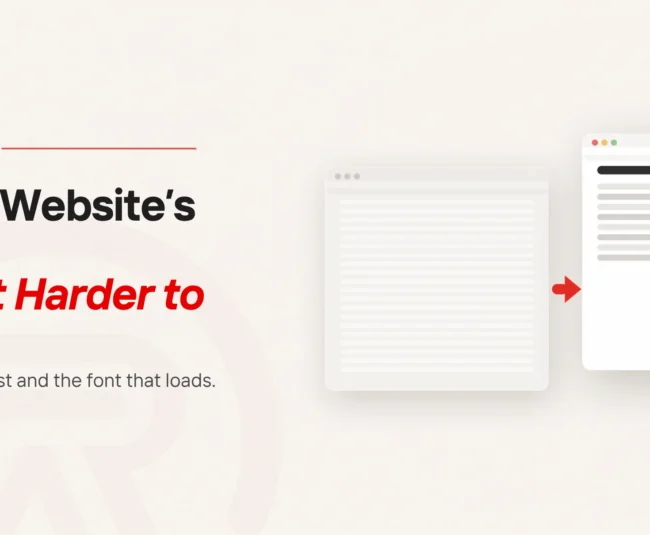 Website font readability: title card beside a flat illustration of a pale page of faint, tightly packed grey lines on the left and a crisp page with a dark heading and well-spaced text lines on the right, joined by a red arrow