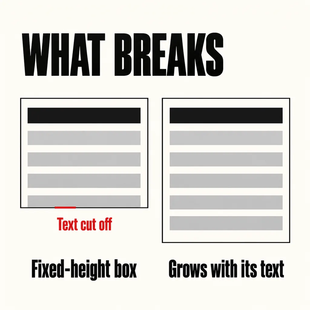 Are Your Website’s Fonts Making It Harder to Read? 6 A square labelled diagram headed WHAT BREAKS showing two cards of grey text lines under a dark heading bar: on the left a fixed-height box whose last line is sliced off by its bottom edge, marked in scarlet Text cut off, and on the right a taller card labelled Grows with its text that holds every line