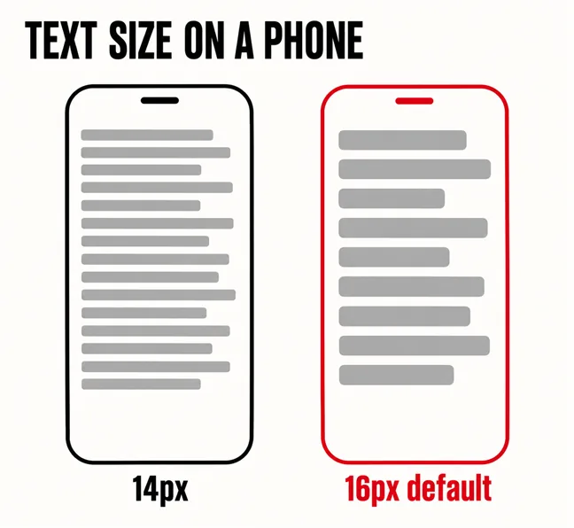 Are Your Website’s Fonts Making It Harder to Read? 4 A labelled diagram headed TEXT SIZE ON A PHONE showing two phone outlines side by side, the left filled with thin, tightly packed text lines labelled 14px, the right, outlined in scarlet, with thicker and more widely spaced text lines labelled 16px default