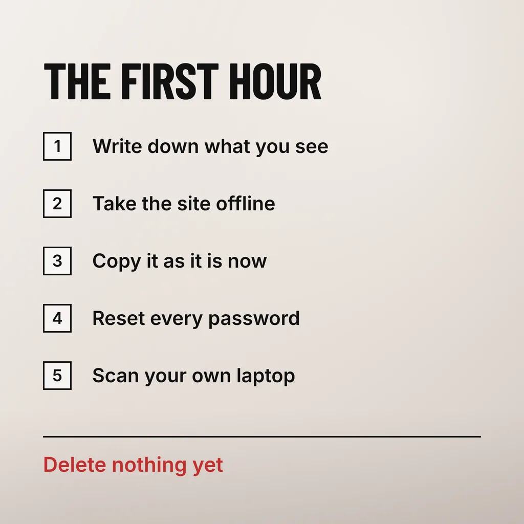 What Should You Do When Your Website Gets Hacked? 6 A square diagram headed THE FIRST HOUR showing five black-outlined squares numbered 1 to 5 beside Write down what you see, Take the site offline, Copy it as it is now, Reset every password and Scan your own laptop, closed by a scarlet line reading Delete nothing yet