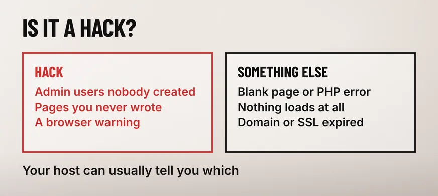 What Should You Do When Your Website Gets Hacked? 5 A wide diagram headed IS IT A HACK? with two outlined boxes side by side: a scarlet box labelled Hack listing Admin users nobody created, Pages you never wrote and A browser warning, and a black box labelled Something else listing Blank page or PHP error, Nothing loads at all and Domain or SSL expired, above a caption reading Your host can usually tell you which