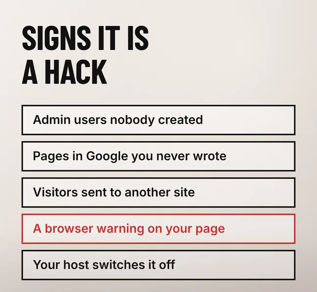What Should You Do When Your Website Gets Hacked? 4 A website hacked diagram headed SIGNS IT IS A HACK showing five black-outlined rows reading Admin users nobody created, Pages in Google you never wrote, Visitors sent to another site, A browser warning on your page and Your host switches it off, with the browser-warning row drawn in scarlet