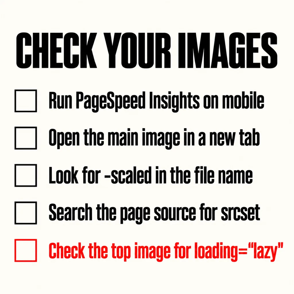A labelled square checklist headed CHECK YOUR IMAGES with five steps each beside an empty square box: Run PageSpeed Insights on mobile, Open the main image in a new tab, Look for -scaled in the file name, Search the page source for srcset, Check the top image for loading="lazy", with the last step in scarlet