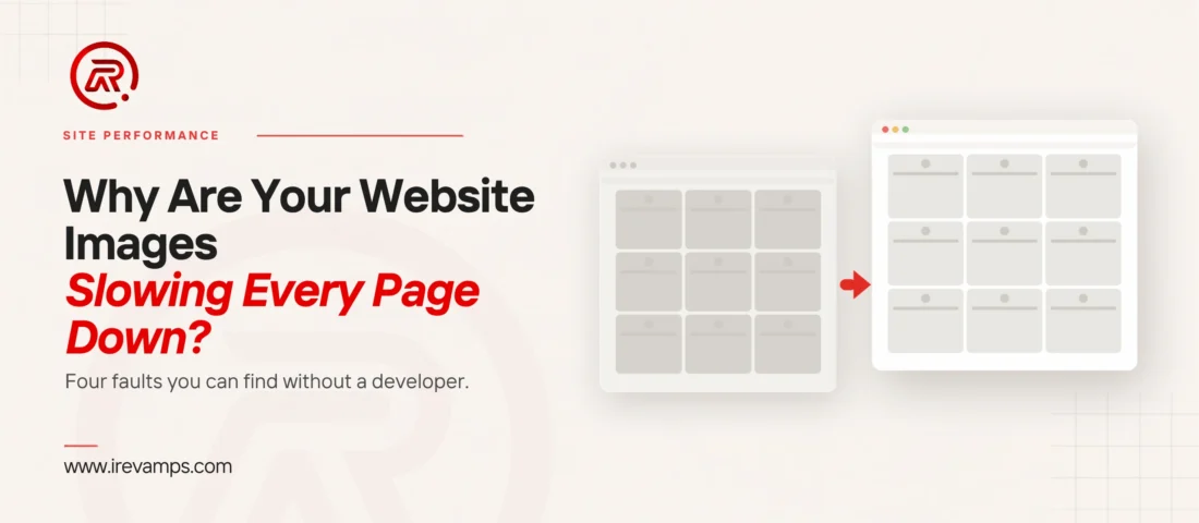 Website image optimisation: title card beside a flat illustration of two browser windows showing the same grid of image tiles, the left one dull and heavy, a scarlet arrow, and the right one light and crisp