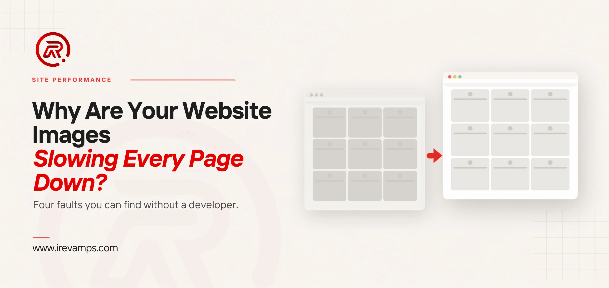 Website image optimisation: title card beside a flat illustration of two browser windows showing the same grid of image tiles, the left one dull and heavy, a scarlet arrow, and the right one light and crisp