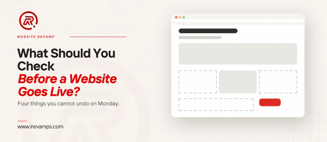 Website launch checklist: title card beside a flat illustration of a page that looks finished at the top with whole sections still missing below