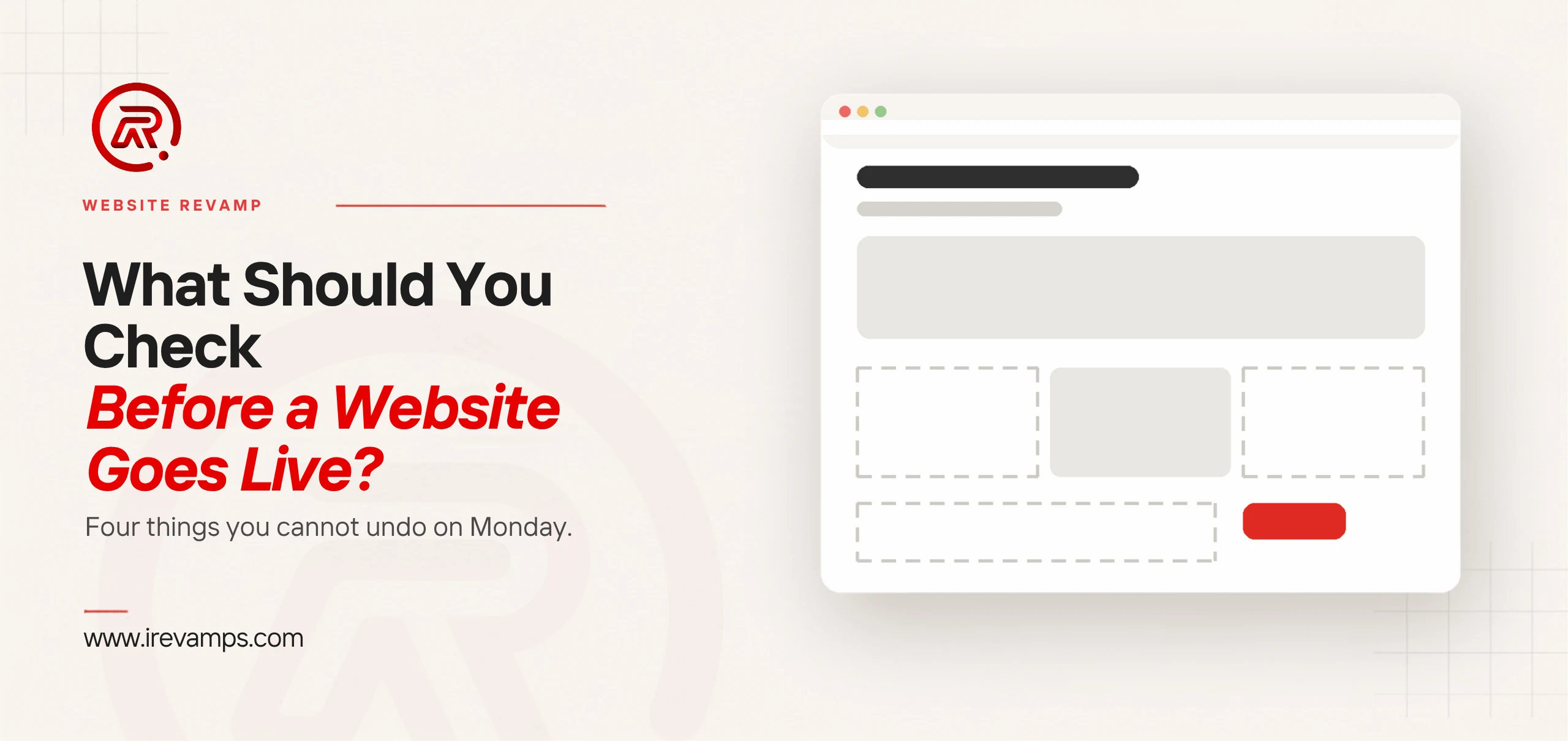 Website launch checklist: title card beside a flat illustration of a page that looks finished at the top with whole sections still missing below