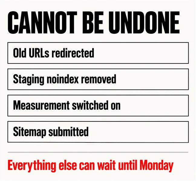 What Should You Actually Check Before a Website Goes Live? 4 A labelled diagram headed CANNOT BE UNDONE listing four rows: Old URLs redirected, Staging noindex removed, Measurement switched on, Sitemap submitted, with a scarlet line beneath reading Everything else can wait until Monday