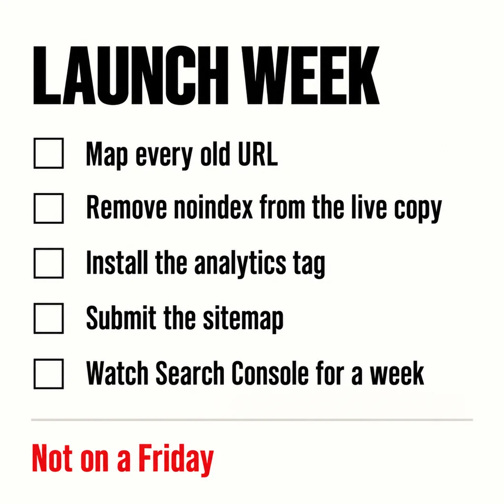 What Should You Actually Check Before a Website Goes Live? 6 A labelled square checklist headed LAUNCH WEEK with five steps each preceded by an empty square box: Map every old URL, Remove noindex from the live copy, Install the analytics tag, Submit the sitemap, Watch Search Console for a week, above a scarlet line reading Not on a Friday