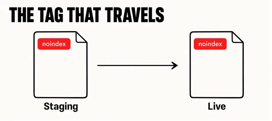 What Should You Actually Check Before a Website Goes Live? 5 A wide labelled diagram headed THE TAG THAT TRAVELS showing two page outlines joined by an arrow, the left labelled Staging and the right labelled Live, with the same small scarlet tag reading noindex sitting inside both pages
