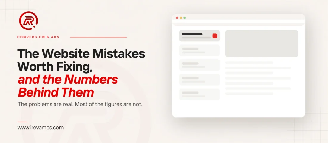Website mistakes: title card beside a flat illustration of a browser window with a dark header bar carrying one small scarlet button, four grey content cards stacked down the left, and a large grey image block with text lines to the right