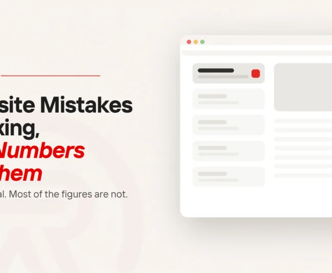 Website mistakes: title card beside a flat illustration of a browser window with a dark header bar carrying one small scarlet button, four grey content cards stacked down the left, and a large grey image block with text lines to the right
