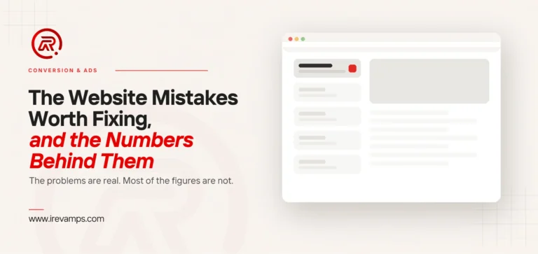 Website mistakes: title card beside a flat illustration of a browser window with a dark header bar carrying one small scarlet button, four grey content cards stacked down the left, and a large grey image block with text lines to the right