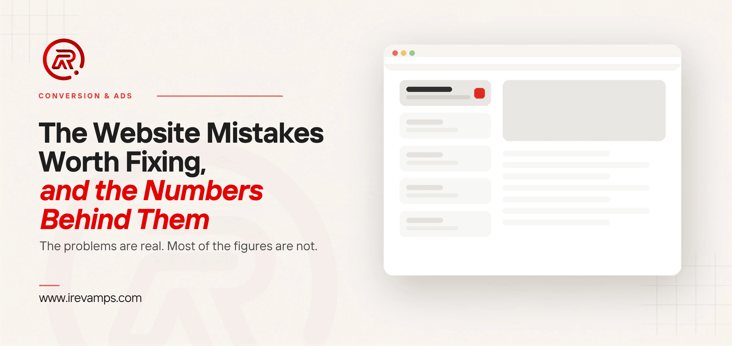 Website mistakes: title card beside a flat illustration of a browser window with a dark header bar carrying one small scarlet button, four grey content cards stacked down the left, and a large grey image block with text lines to the right