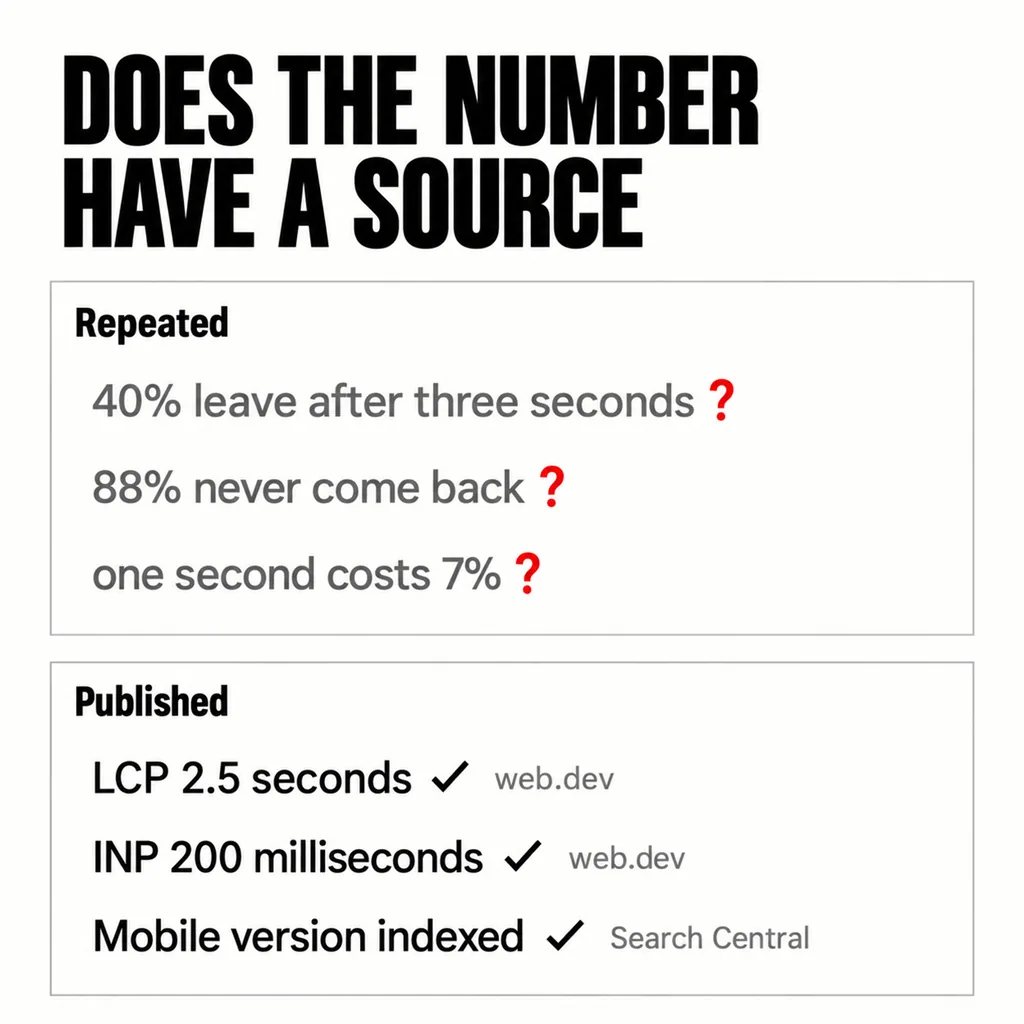 A labelled square comparison headed DOES THE NUMBER HAVE A SOURCE with two panels: the upper panel marked Repeated lists three unattributed claims each ending in a scarlet question mark, and the lower panel marked Published lists three figures each followed by a named document and a small tick