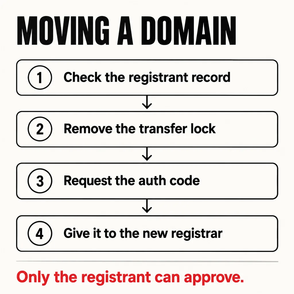 Who Actually Owns Your Website: You or Your Developer? 6 A labelled square flow diagram headed MOVING A DOMAIN showing four numbered boxes joined by arrows: Check the registrant record, Remove the transfer lock, Request the auth code, Give it to the new registrar, above a scarlet line reading Only the registrant can approve