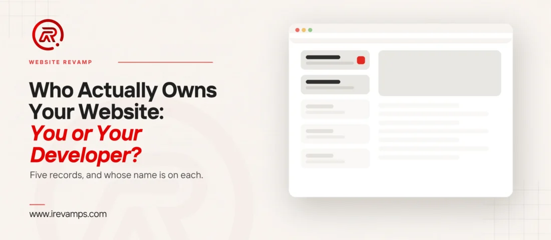 Website ownership: title card beside a flat illustration of a browser window with a column of five panels, two filled in and three faded, the top one marked in red