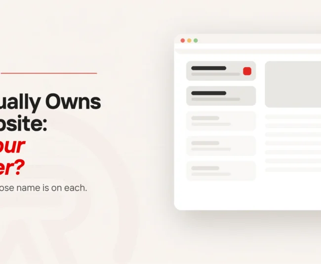 Website ownership: title card beside a flat illustration of a browser window with a column of five panels, two filled in and three faded, the top one marked in red