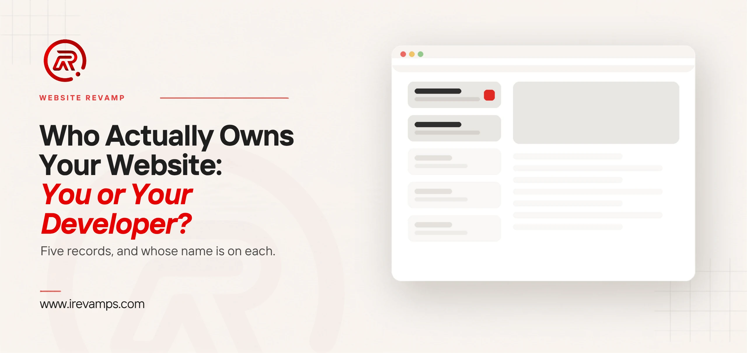 Website ownership: title card beside a flat illustration of a browser window with a column of five panels, two filled in and three faded, the top one marked in red
