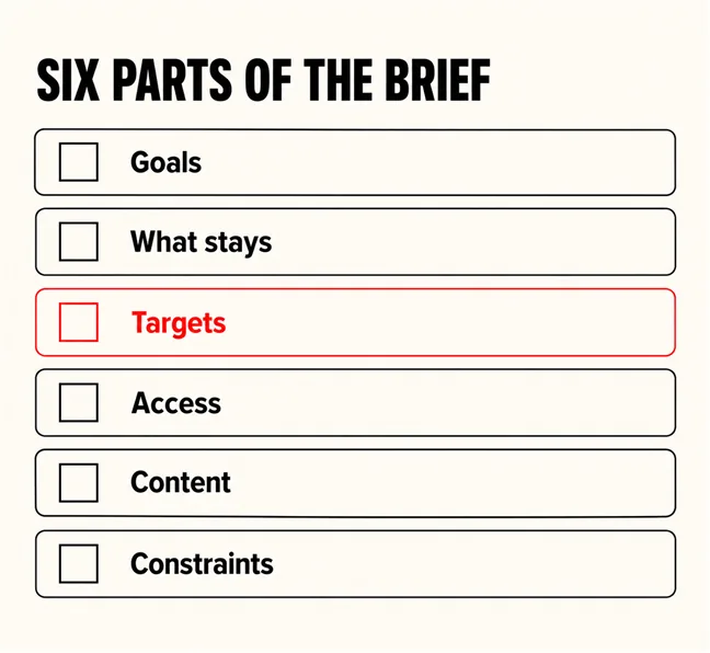 What Should a Website Revamp Brief Include? 4 A labelled diagram headed SIX PARTS OF THE BRIEF listing Goals, What stays, Targets, Access, Content and Constraints in six stacked rows, with Targets drawn in scarlet