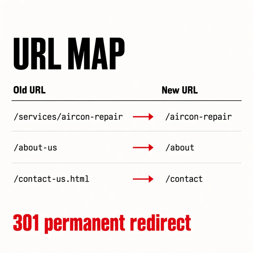 What Should a Website Revamp Brief Include? 6 A square two-column table headed URL MAP with columns Old URL and New URL, mapping /services/aircon-repair to /aircon-repair, /about-us to /about and /contact-us.html to /contact with scarlet arrows, above a line reading 301 permanent redirect
