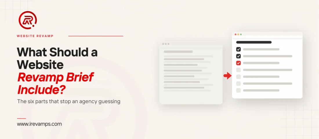 Website revamp brief: title card beside a flat illustration of a faded page of loose lines, an arrow, and a crisp page laid out as a checklist with one item marked in scarlet