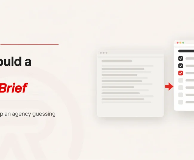 Website revamp brief: title card beside a flat illustration of a faded page of loose lines, an arrow, and a crisp page laid out as a checklist with one item marked in scarlet