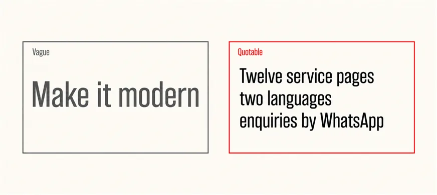 What Should a Website Revamp Brief Include? 5 A wide side-by-side comparison: a grey-outlined card labelled Vague reading Make it modern, and a scarlet-outlined card labelled Quotable reading Twelve service pages, two languages, enquiries by WhatsApp