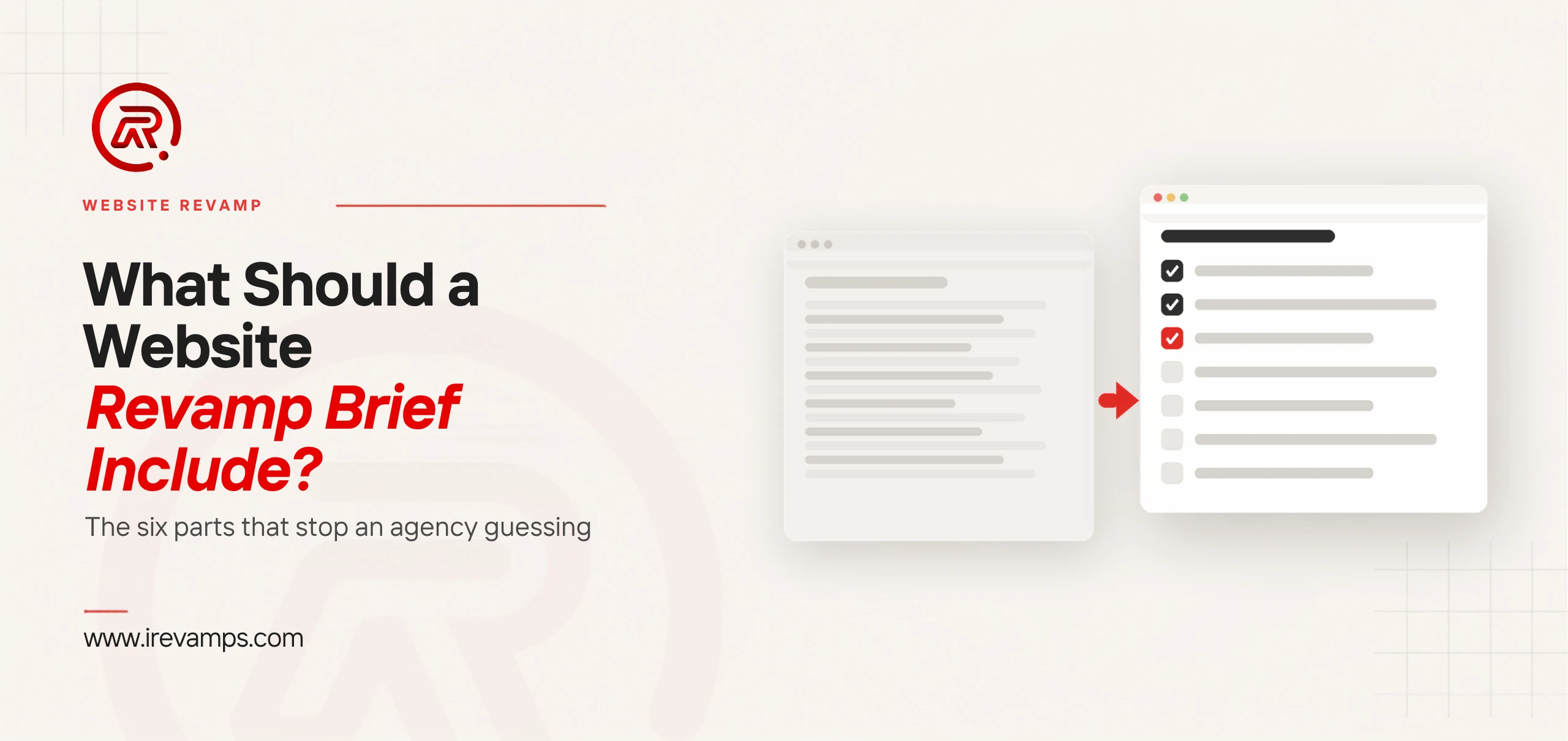 Website revamp brief: title card beside a flat illustration of a faded page of loose lines, an arrow, and a crisp page laid out as a checklist with one item marked in scarlet
