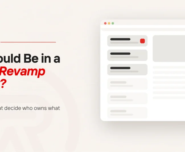 Website revamp contract: title card beside a flat illustration of a browser window holding a column of six stacked blocks, the top three filled in with the first marked by a small scarlet square and the three below left faint and empty, next to a large blank panel over faint lines of text