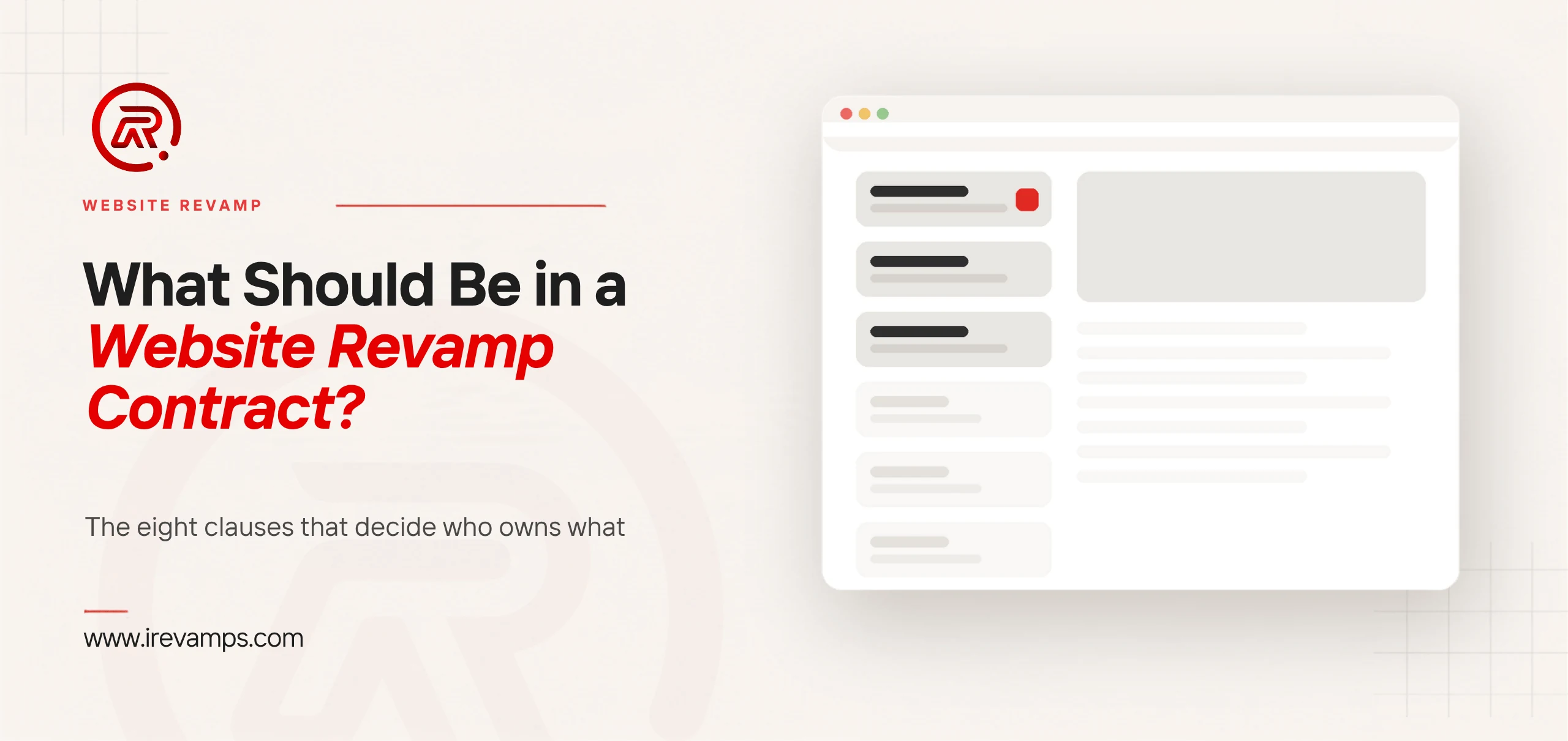 Website revamp contract: title card beside a flat illustration of a browser window holding a column of six stacked blocks, the top three filled in with the first marked by a small scarlet square and the three below left faint and empty, next to a large blank panel over faint lines of text