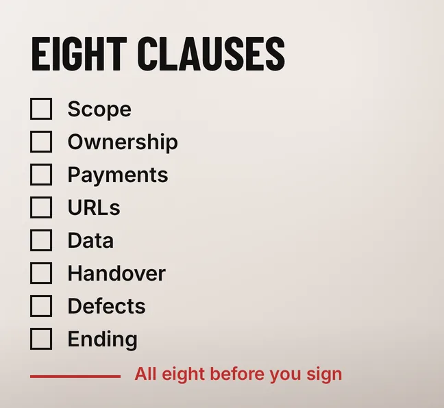 What Should Be in a Website Revamp Contract? 4 A labelled checklist headed EIGHT CLAUSES with eight empty square boxes beside the words Scope, Ownership, Payments, URLs, Data, Handover, Defects and Ending, closed by a short scarlet rule and a scarlet line reading All eight before you sign