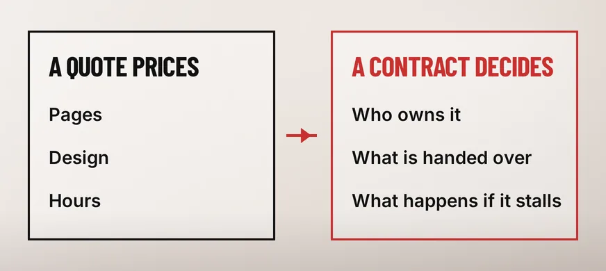 What Should Be in a Website Revamp Contract? 5 A wide diagram with two black-outlined panels: the left one headed A QUOTE PRICES lists Pages, Design and Hours, and the right one headed A CONTRACT DECIDES in scarlet lists Who owns it, What is handed over and What happens if it stalls, with a scarlet arrow pointing from the left panel to the right