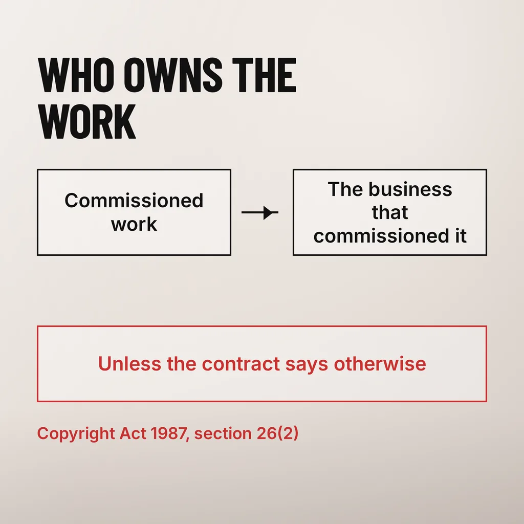 What Should Be in a Website Revamp Contract? 6 A square diagram headed WHO OWNS THE WORK with a black-outlined box reading Commissioned work joined by a black arrow to a black-outlined box reading The business that commissioned it, and below them a scarlet-outlined box reading Unless the contract says otherwise beside a scarlet caption reading Copyright Act 1987, section 26(2)