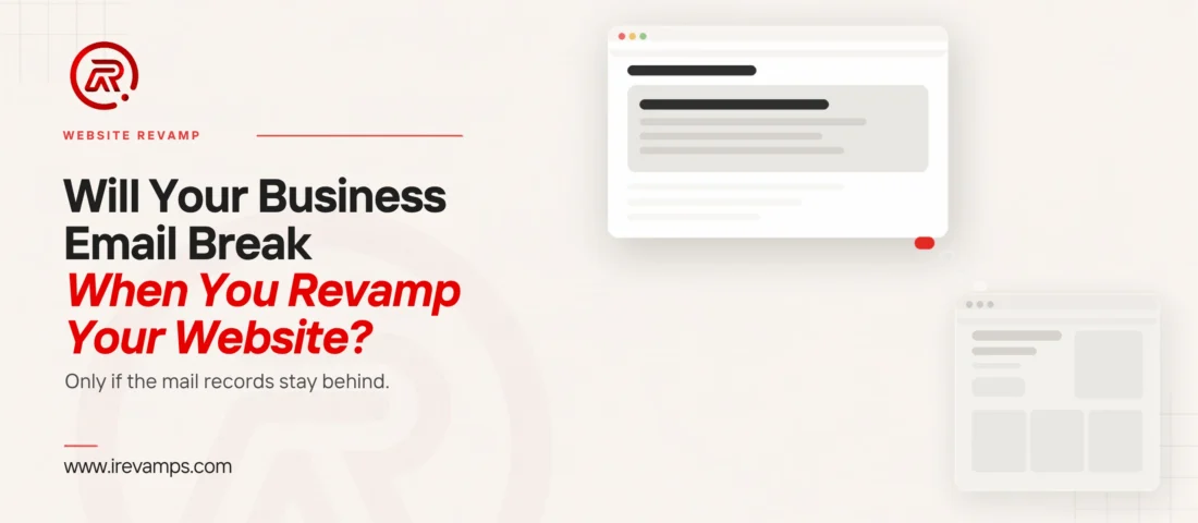 Website revamp email: title card beside a flat illustration of a crisp browser window with a scarlet marker at its corner and a trail of fading dots that stops short of a faded second window