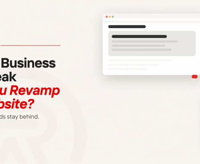 Website revamp email: title card beside a flat illustration of a crisp browser window with a scarlet marker at its corner and a trail of fading dots that stops short of a faded second window