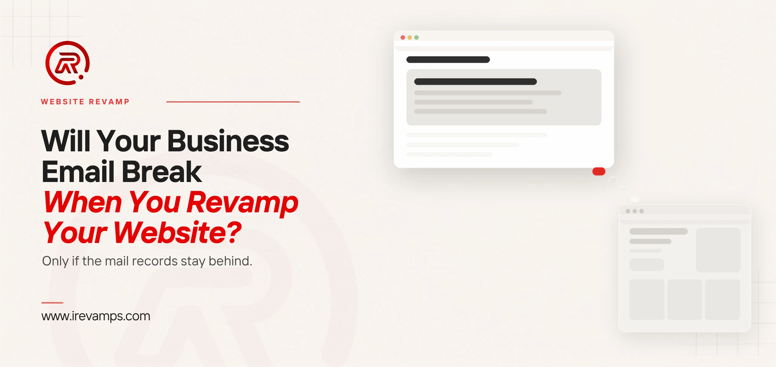 Website revamp email: title card beside a flat illustration of a crisp browser window with a scarlet marker at its corner and a trail of fading dots that stops short of a faded second window