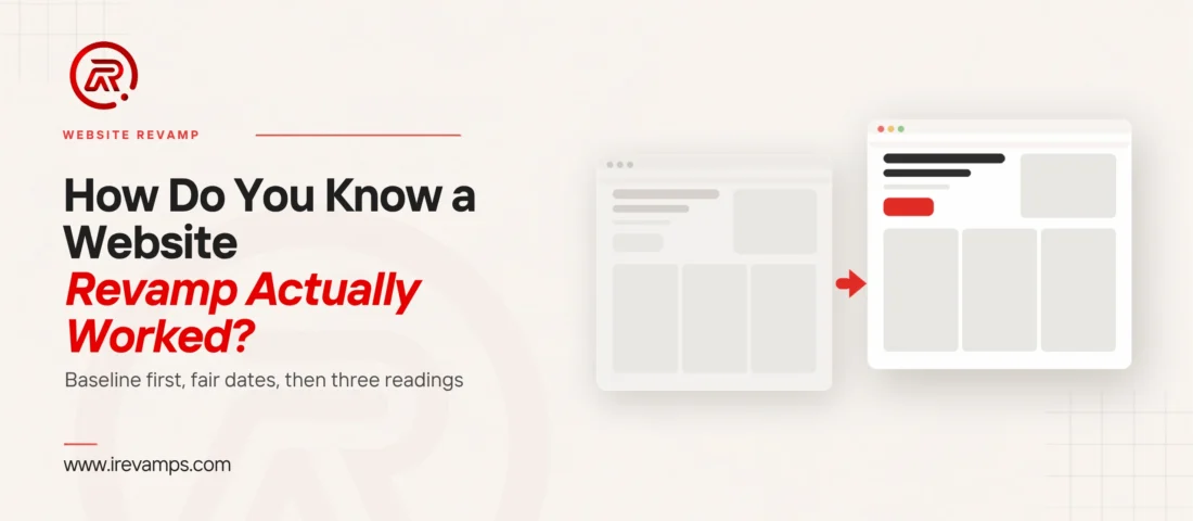 Website revamp results: title card beside a flat illustration of the same web page twice, a faded version on the left and a crisp version with a scarlet button on the right, joined by a scarlet arrow
