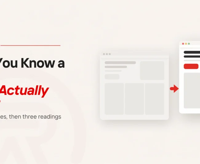 Website revamp results: title card beside a flat illustration of the same web page twice, a faded version on the left and a crisp version with a scarlet button on the right, joined by a scarlet arrow