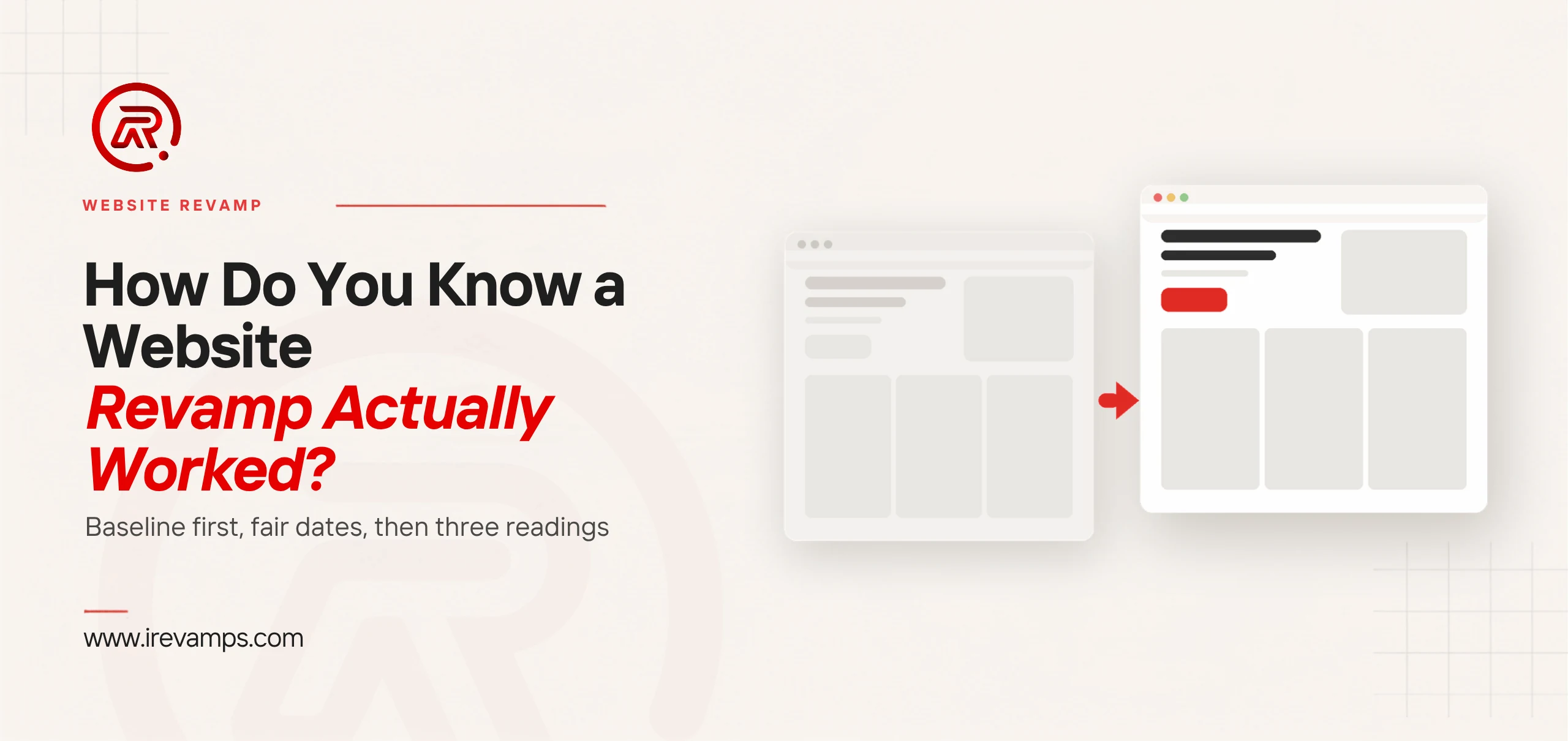 Website revamp results: title card beside a flat illustration of the same web page twice, a faded version on the left and a crisp version with a scarlet button on the right, joined by a scarlet arrow