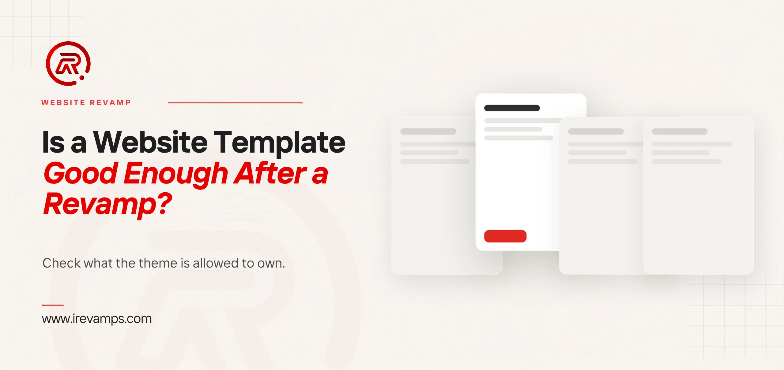 Website template vs custom design: title card beside a flat illustration of four page cards in a row, three of them faded and pushed back and the second brought forward with a scarlet button on it