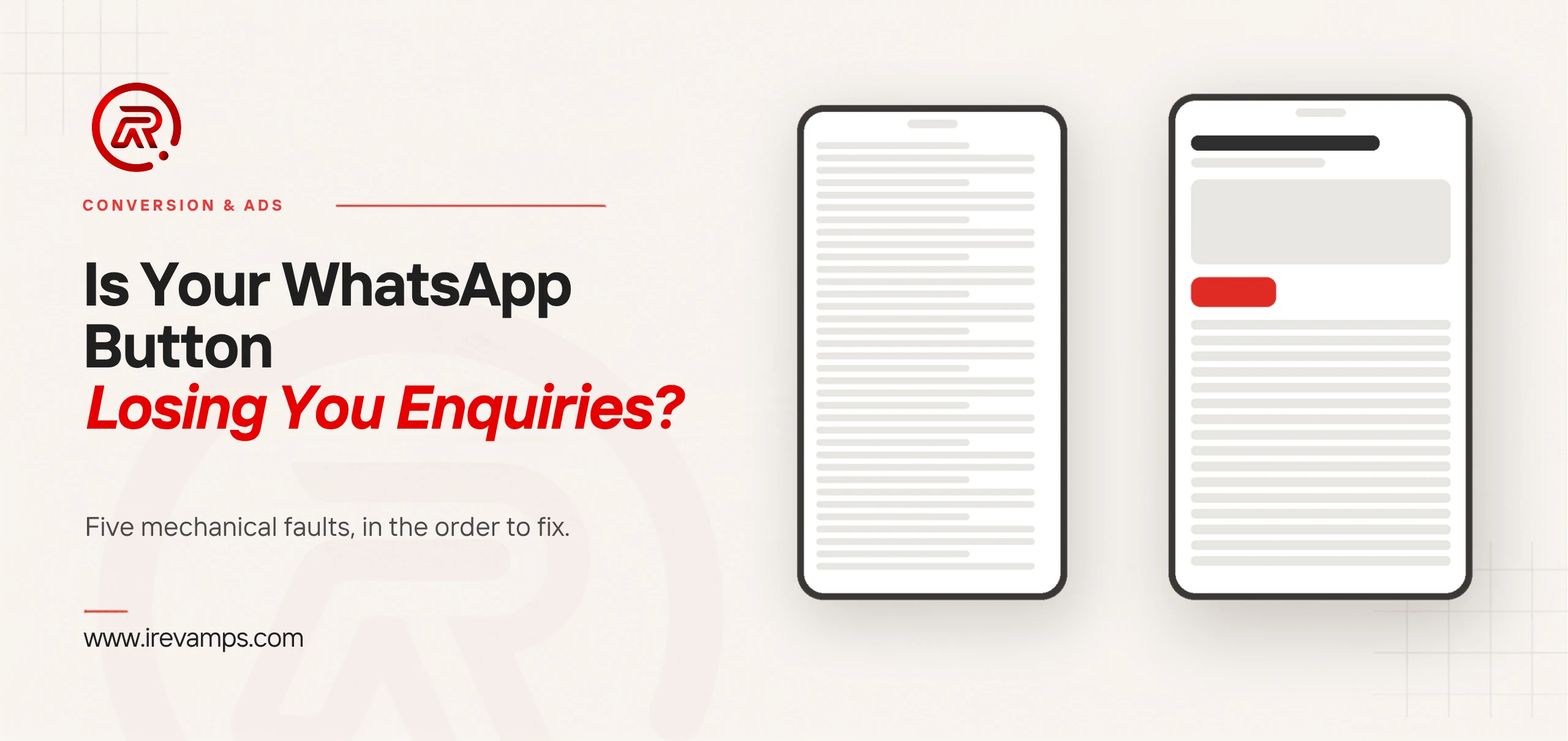 WhatsApp button website: title card beside a flat illustration of two phone screens, the left one crowded edge to edge with grey text lines, the right one laid out with a heading, a panel and a scarlet button with space around them