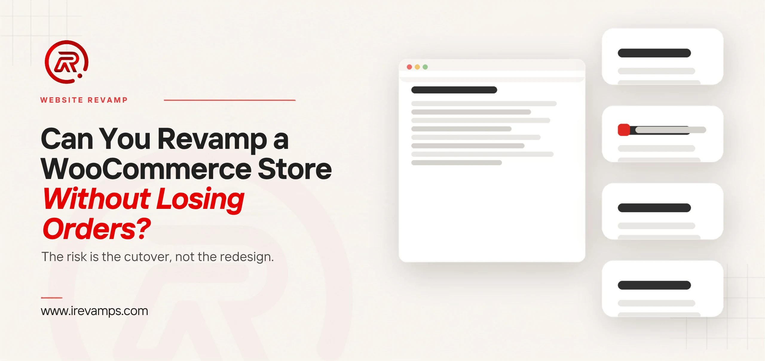 WooCommerce store revamp: title card beside a flat illustration of one tall browser window holding a list, feeding four smaller record cards stacked beside it, the second card marked with a scarlet accent
