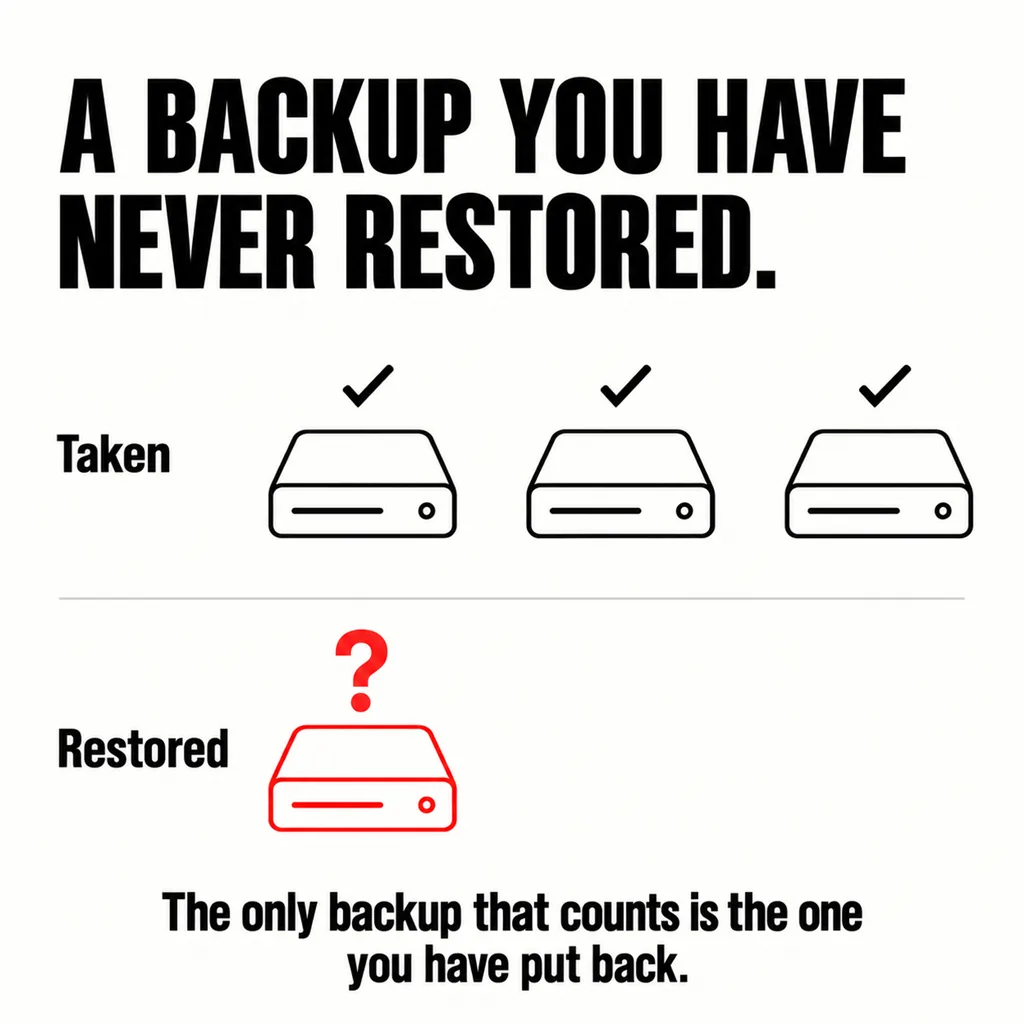 Your WordPress Site Breaks. What Actually Happens Next? 6 A labelled square diagram headed A BACKUP YOU HAVE NEVER RESTORED with an upper row of three identical drive icons marked Backup taken daily each with a tick, and a lower single drive marked Restored and tested carrying a scarlet question mark, above a caption reading The only one that counts is the one you have put back