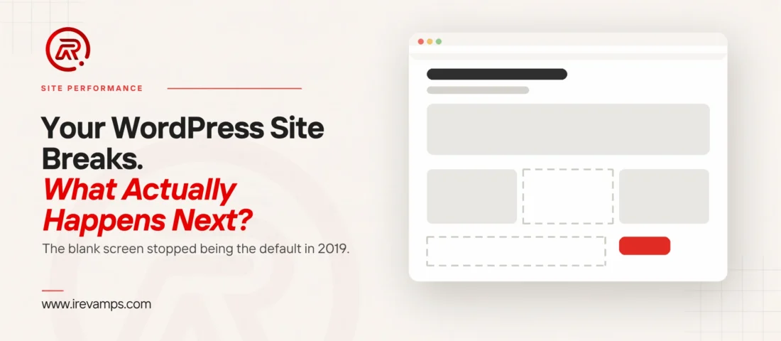 WordPress errors: title card beside a flat illustration of a browser window whose layout has two blocks left as empty dashed outlines among the filled grey ones, with a single scarlet button at the lower right