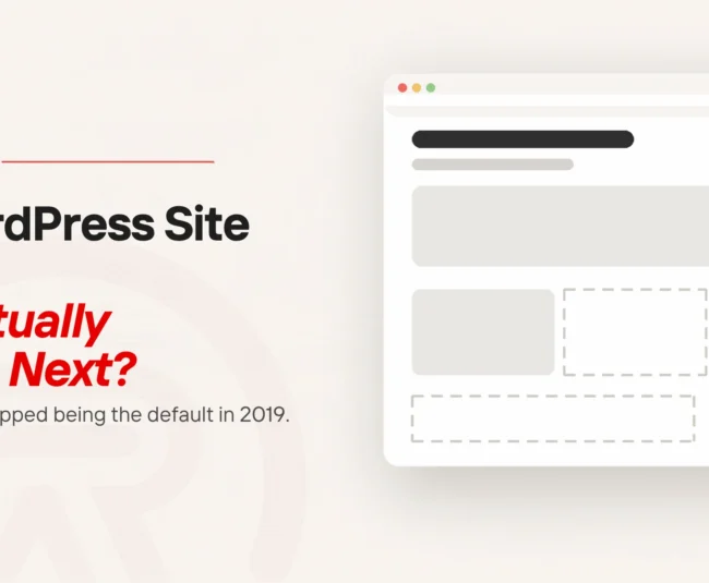 WordPress errors: title card beside a flat illustration of a browser window whose layout has two blocks left as empty dashed outlines among the filled grey ones, with a single scarlet button at the lower right