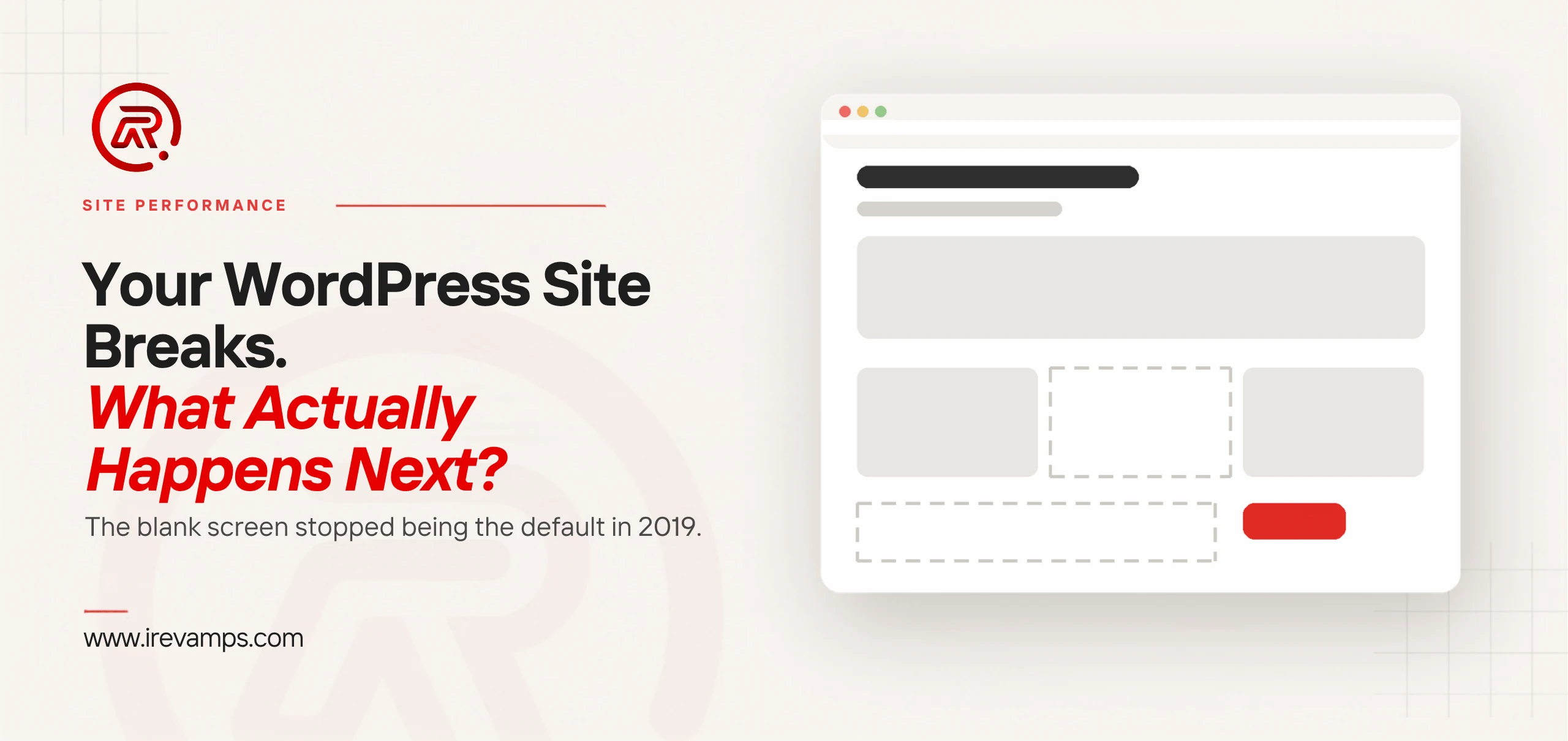 WordPress errors: title card beside a flat illustration of a browser window whose layout has two blocks left as empty dashed outlines among the filled grey ones, with a single scarlet button at the lower right