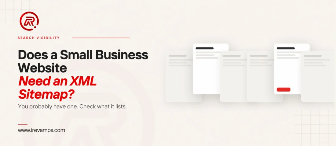 XML sitemap: title card beside a flat illustration of a row of six page cards, four pushed back and faded, two brought forward, one of them carrying a scarlet button