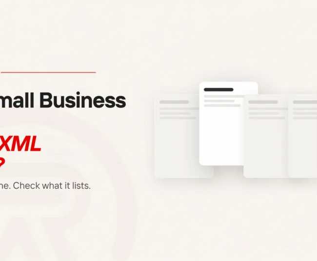 XML sitemap: title card beside a flat illustration of a row of six page cards, four pushed back and faded, two brought forward, one of them carrying a scarlet button